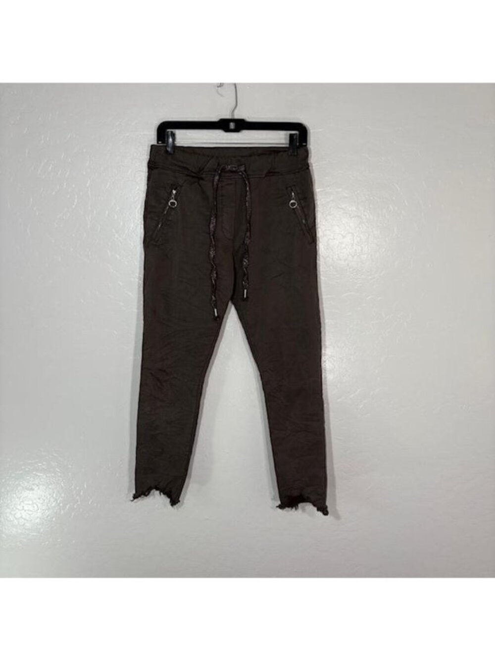 Venti6 Pants Womens XS Brown Joggers Drawstring Pockets Raw Hem Made in Italy